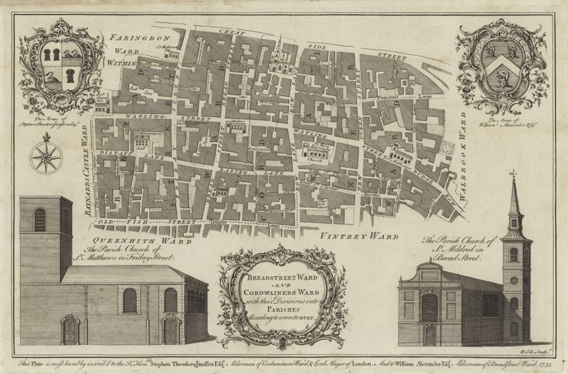 Mappa dei quartieri di Bread Street e Cordwainers, Londra da English School