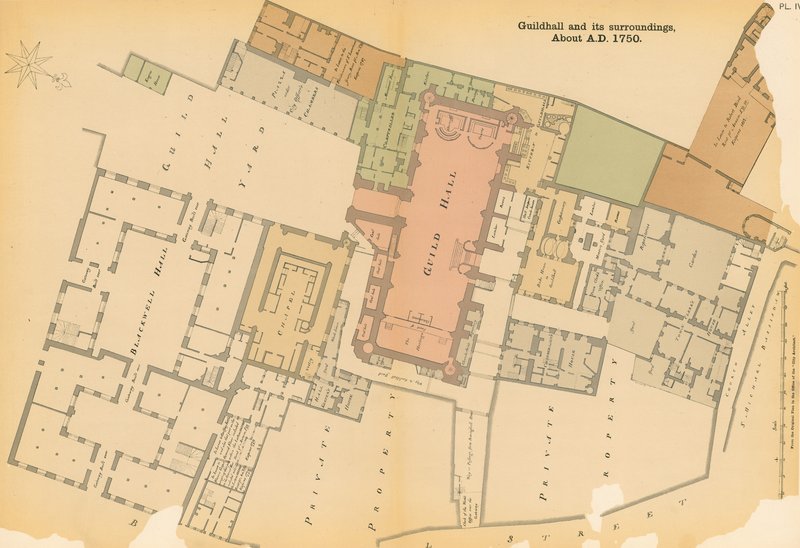 Mappa della Guildhall, Londra, e dintorni circa 1750 da English School