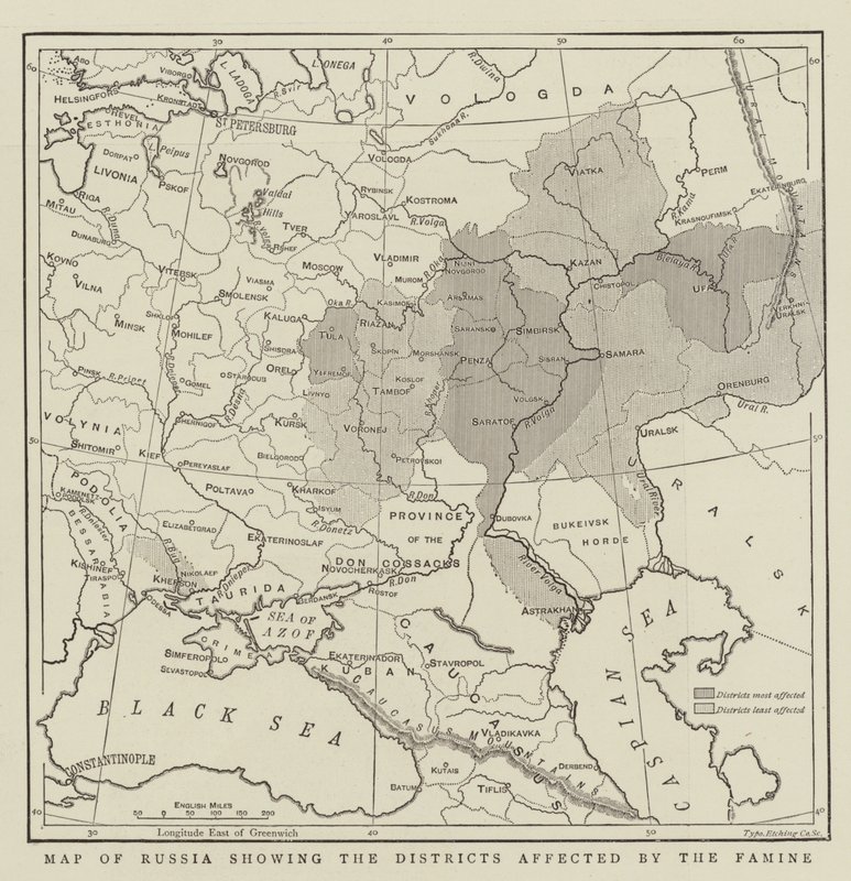 Mappa della Russia che mostra i distretti colpiti dalla carestia da English School