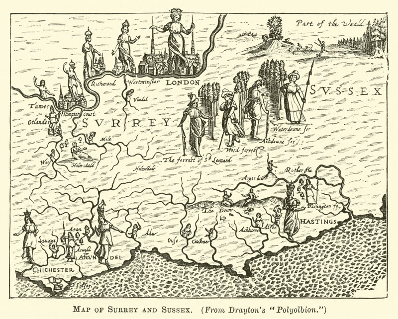 Mappa del Surrey e del Sussex da English School