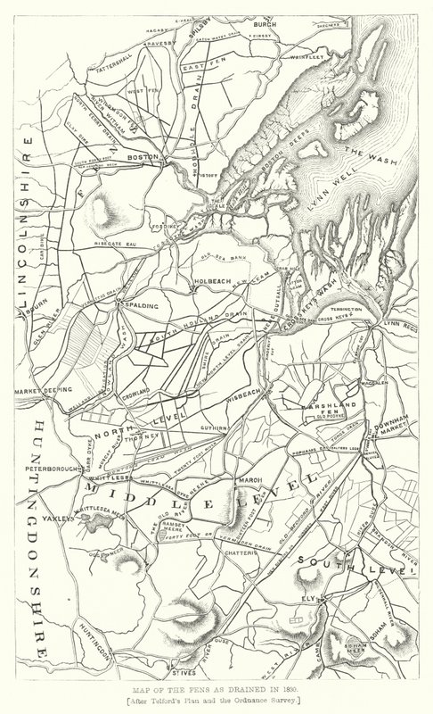 Mappa delle Fens come drenate nel 1830 (incisione) da English School