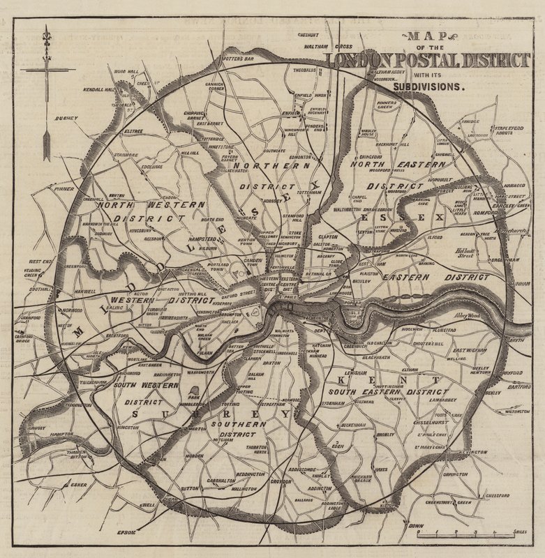 Mappa dei distretti postali di Londra (incisione) da English School