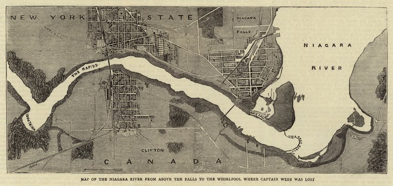 Mappa del fiume Niagara dalle cascate al vortice dove il capitano Webb è stato perso (incisione) da English School
