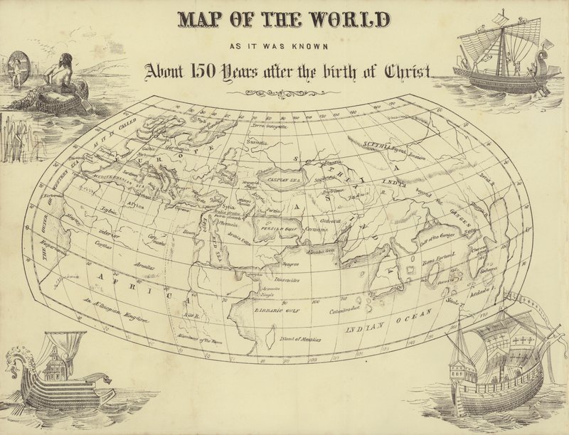 Mappa del mondo come era conosciuto circa 150 anni dopo la nascita di Cristo da English School