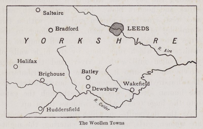 Mappa che mostra le città della lana dello Yorkshire (litografia) da English School