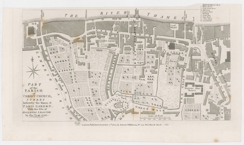 Mappa che mostra il maniero di Paris Garden di R Wilkinson, 1822 da English School