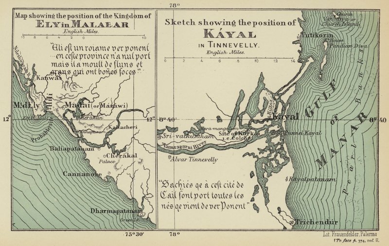 Mappa che mostra la posizione del Regno di Ely in Malabar, Schizzo che mostra la posizione di Kayal in Tinnevelly (litografia a colori) da English School