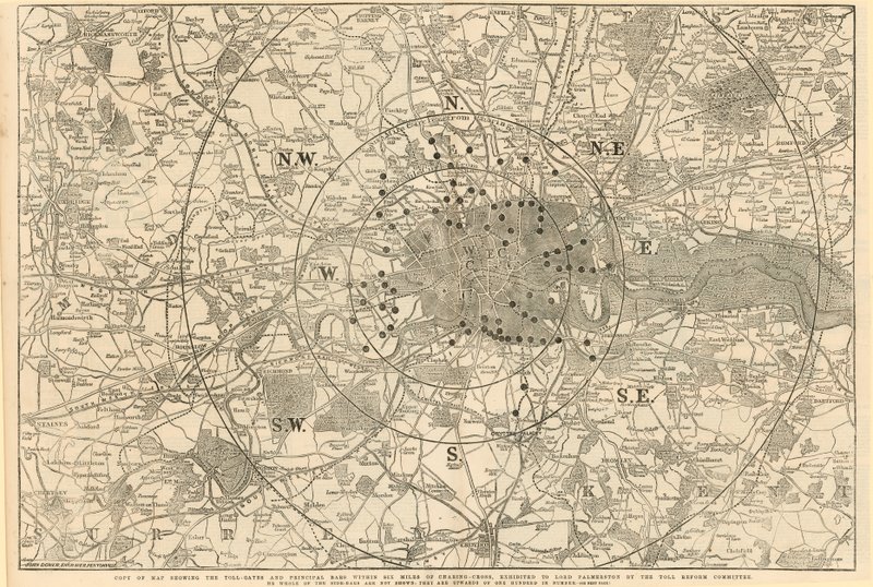 Mappa che mostra i caselli e le principali barriere entro 6 miglia da Charing Cross, esposta a Lord Palmerston dal Comitato per la Riforma dei Pedaggi da English School