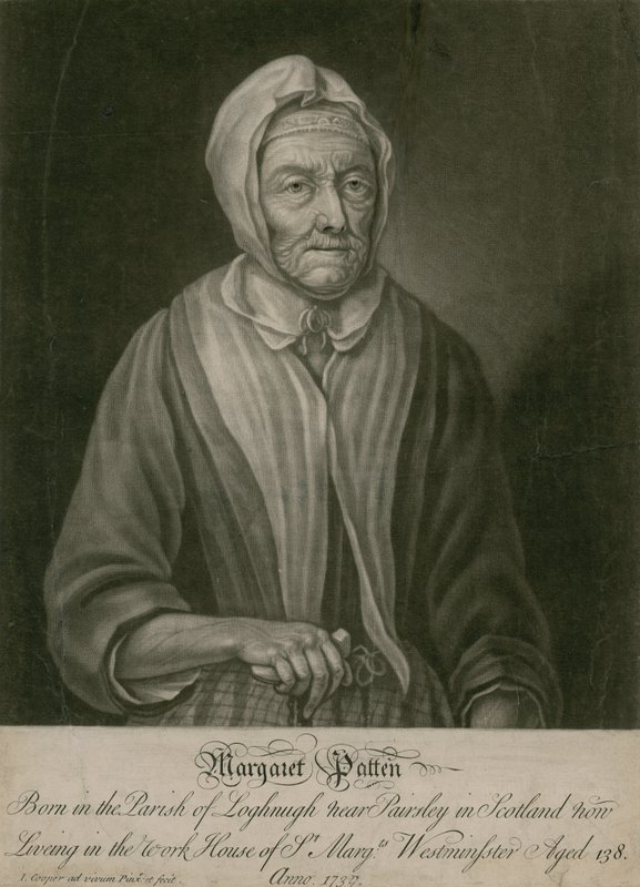 Margaret Patten, ora residente nella casa di lavoro di St Margaret, Westminster, di 138 anni da English School