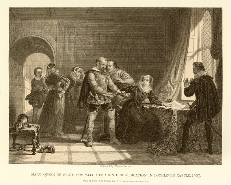 Maria Stuarda costretta a firmare la sua abdicazione nel Castello di Lochleven da English School
