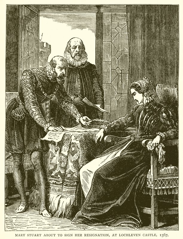 Maria Stuarda firma la sua abdicazione, al castello di Lochleven, 1567 da English School