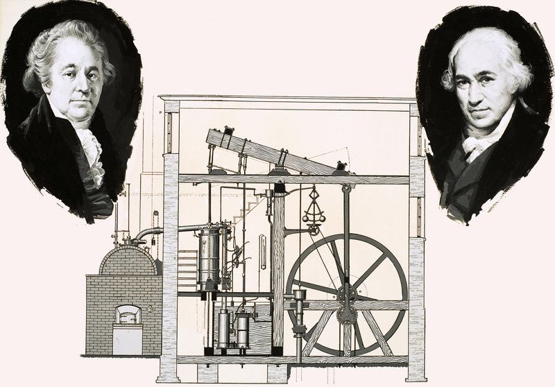 Matthew Boulton e James Watt con uno dei motori a vapore brevettati da English School