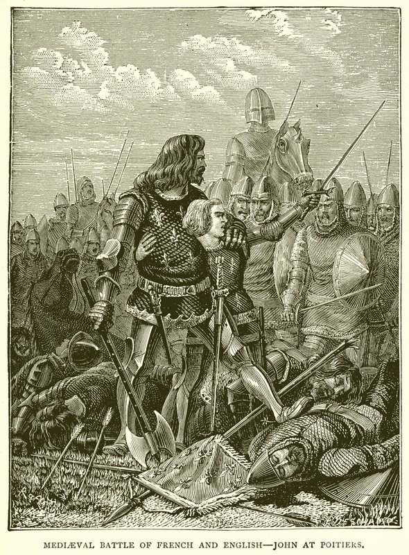 Battaglia medievale tra francesi e inglesi. Giovanni a Poitiers da English School