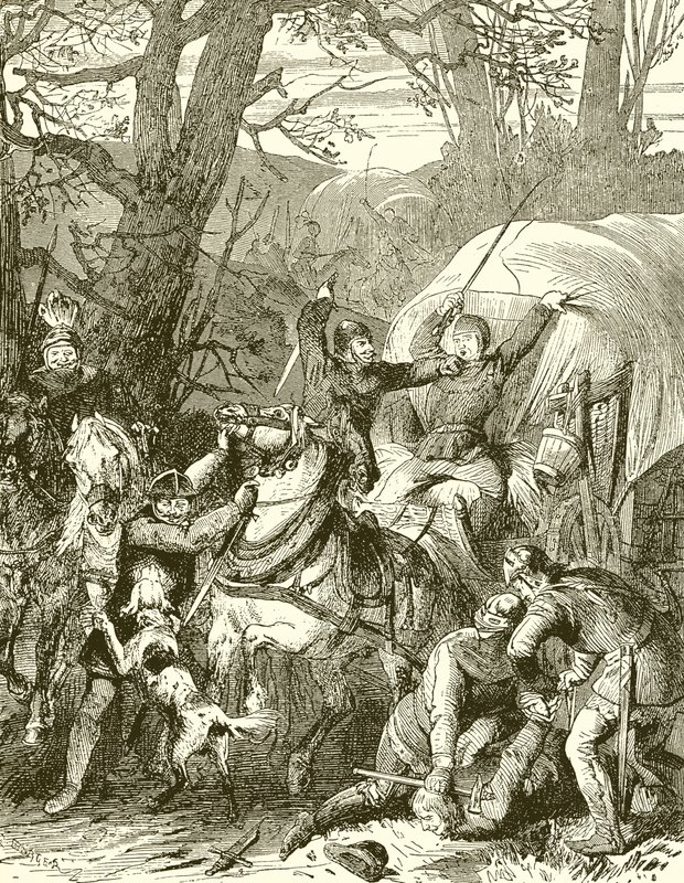 Costumi medievali: cavalieri briganti attaccano una carovana di mercanti da English School