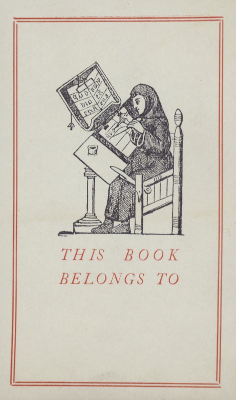 Scrivano medievale che lavora su un manoscritto, etichetta di proprietà del libro (litografia a colori) da English School