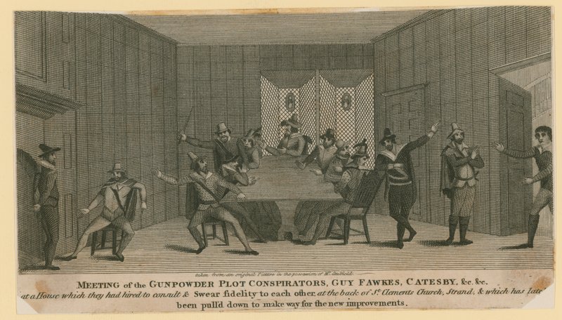 Incontro dei cospiratori della Congiura delle Polveri, Guy Fawkes, Catesby, ecc. da English School