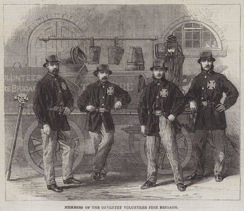 Membri della brigata dei vigili del fuoco volontari di Coventry (incisione) da English School