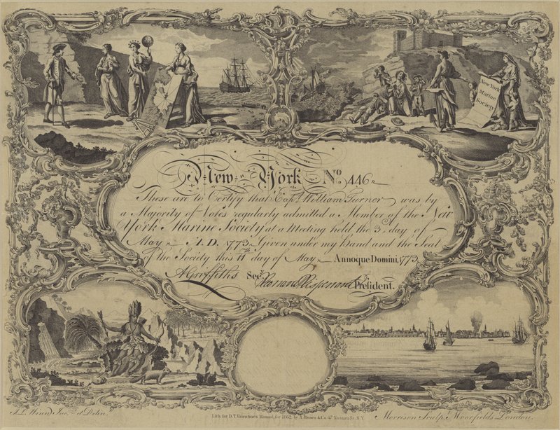Certificato di appartenenza alla New York Marine Society, 1773 da English School