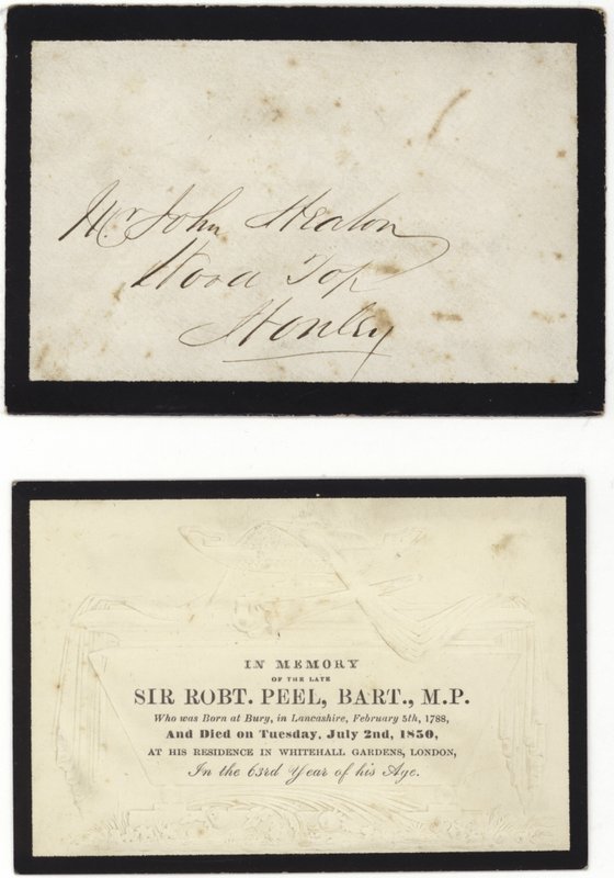 Biglietto commemorativo in memoria del defunto Sir Robert Peel da English School