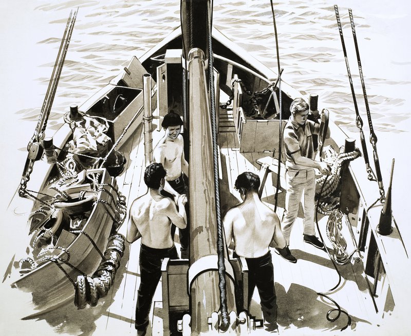 Uomini a bordo di una nave a vela da English School