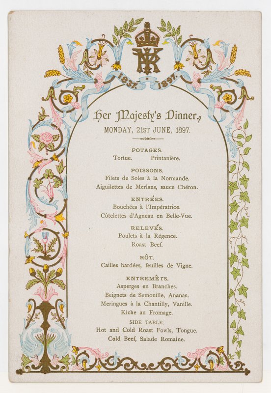 Menu per la cena della Regina Vittoria lunedì 21 giugno 1897, il giorno prima del suo Giubileo di Diamante da English School