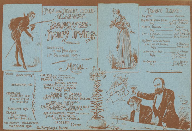 Menu per un banchetto in onore di Henry Irving, Pen and Pencil Club, Glasgow, 15 settembre 1887 da English School