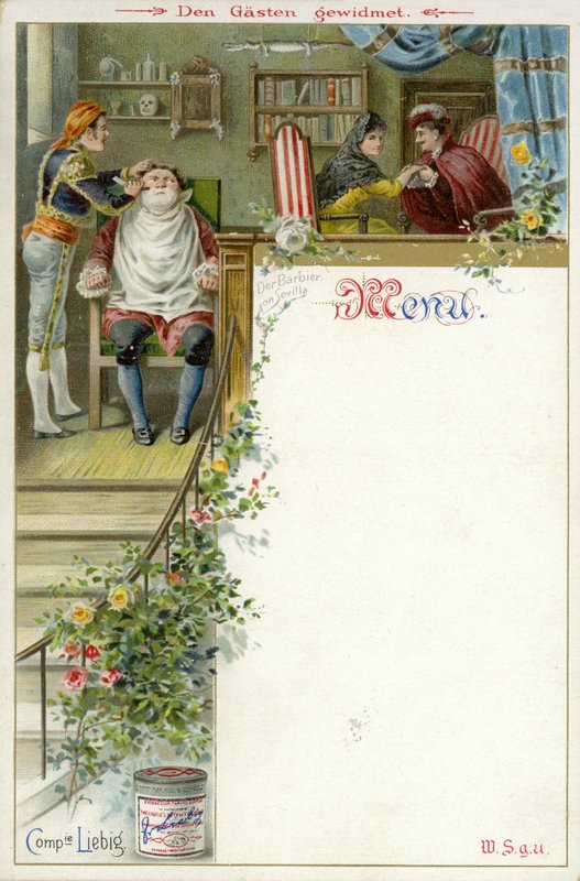 Menu con una scena da Il barbiere di Siviglia e una pubblicità per Liebigs Extract of Meat da English School