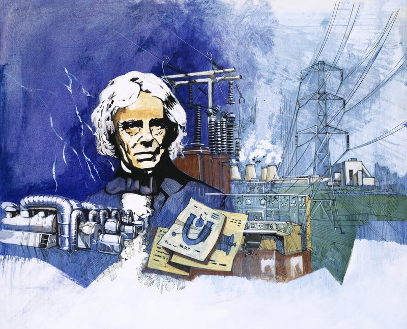 Michael Faraday con centrale elettrica sullo sfondo da English School