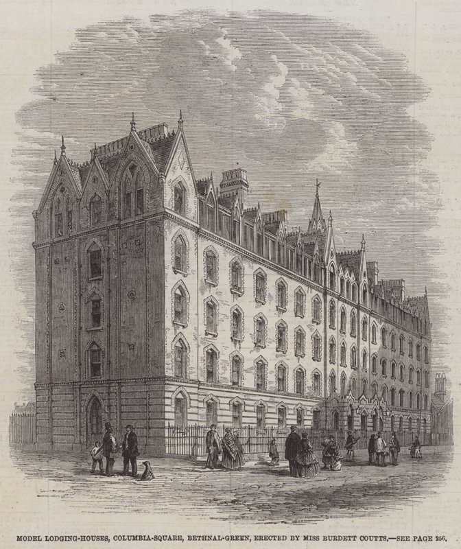 Case Modello, Columbia-Square, Bethnal-Green, erette da Miss Burdett Coutts (incisione) da English School