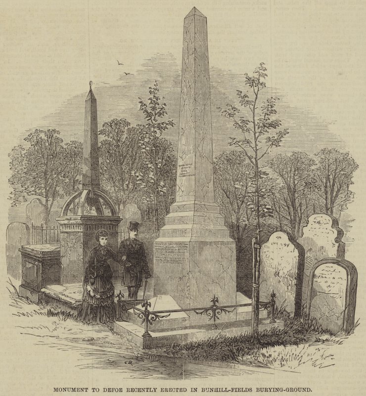 Monumento a Defoe recentemente eretto nel cimitero di Bunhill-Fields da English School