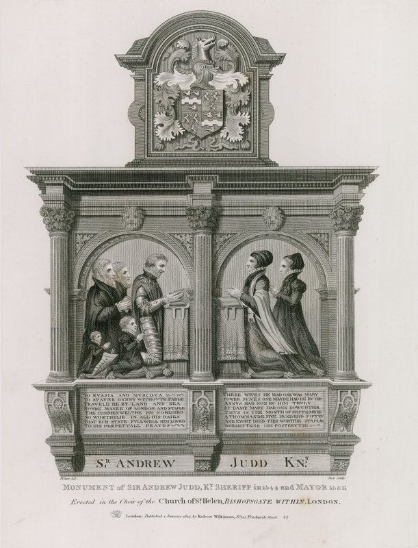 Monumento a Sir Andrew Judd, sceriffo e sindaco, nella chiesa di St Helens Bishopsgate, Londra da English School