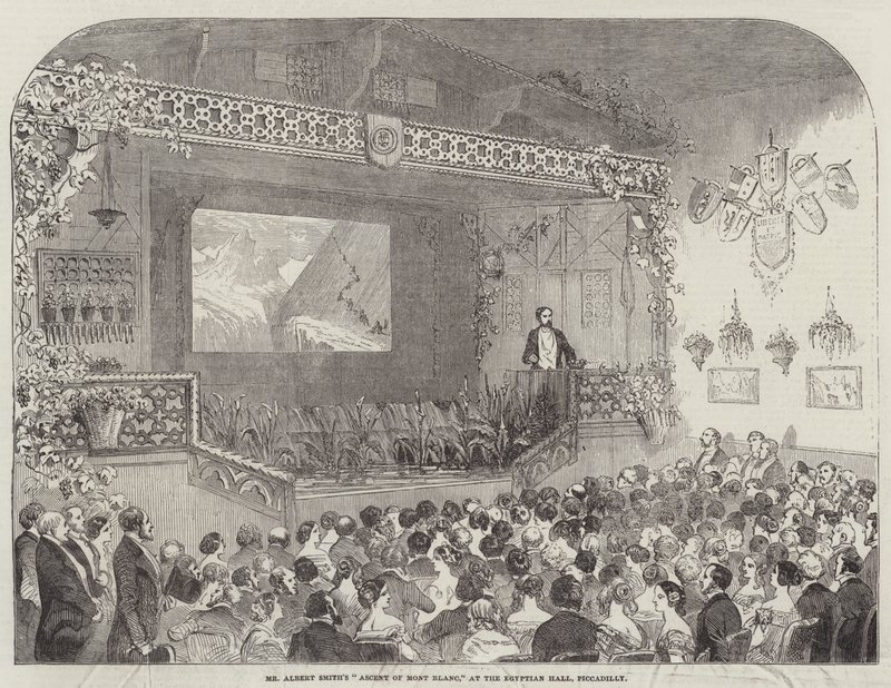 La "Salita al Monte Bianco" di Mr Albert Smith, alla Egyptian Hall, Piccadilly (incisione) da English School