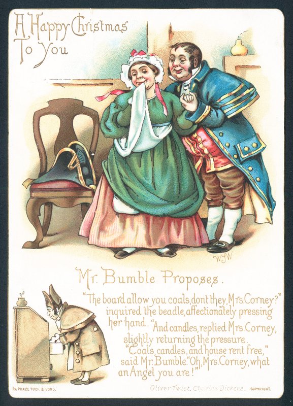 Mr Bumble e Mrs Corney, cartolina di Natale da English School