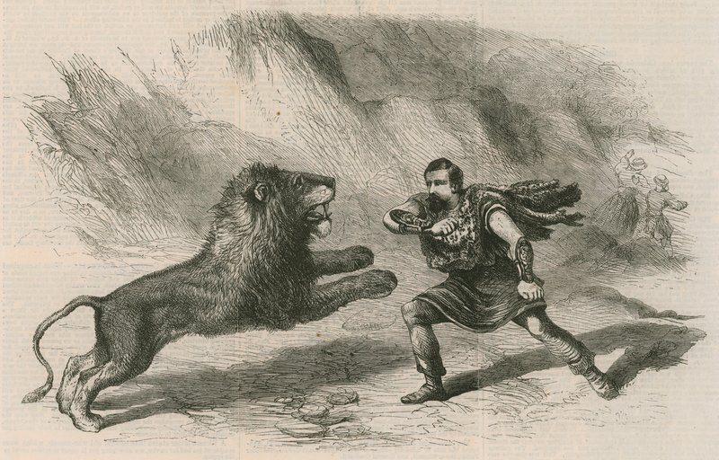 Mr Crockett, il domatore di leoni, si esibisce con i suoi leoni al Teatro di Astley, Londra da English School