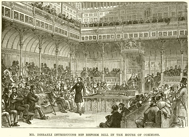 Il signor Disraeli che presenta il suo disegno di legge di riforma alla Camera dei Comuni da English School
