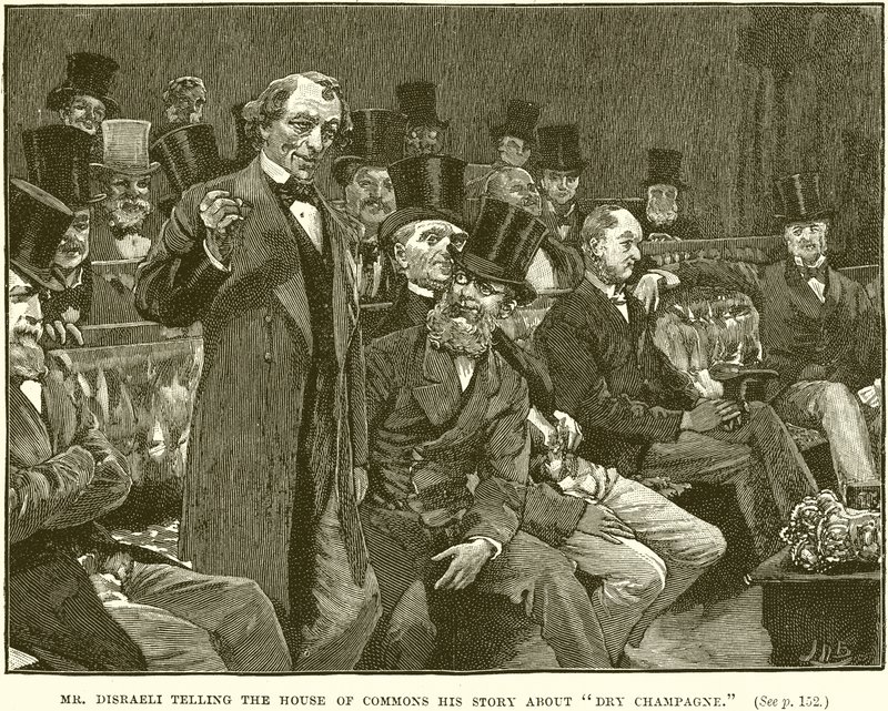 Il Sig. Disraeli che racconta alla Camera dei Comuni la sua storia sullo champagne secco da English School