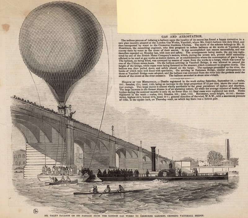 Il pallone di Mr Gales nel suo passaggio dai London Gas Works ai Giardini di Cremorne da English School