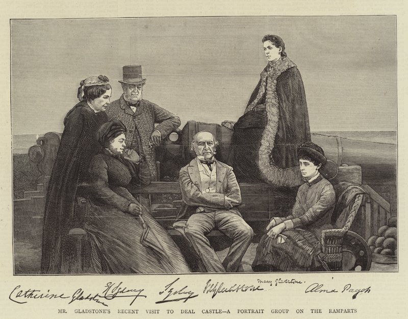 La recente visita di Mr Gladstone al Castello di Deal, un gruppo di ritratti sulle mura (incisione) da English School