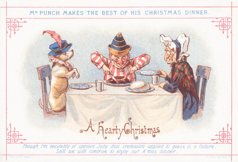 Mr Punch seduto per la cena di Natale, cartolina di Natale da English School