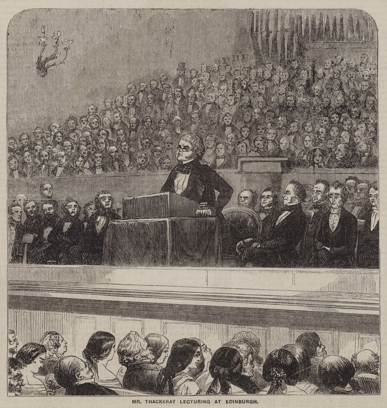 Mr Thackeray che tiene una conferenza a Edimburgo (incisione) da English School
