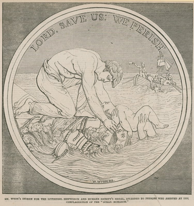 Design di Mr Wyon per la Medaglia della Liverpool Shipwreck and Humane Society da English School