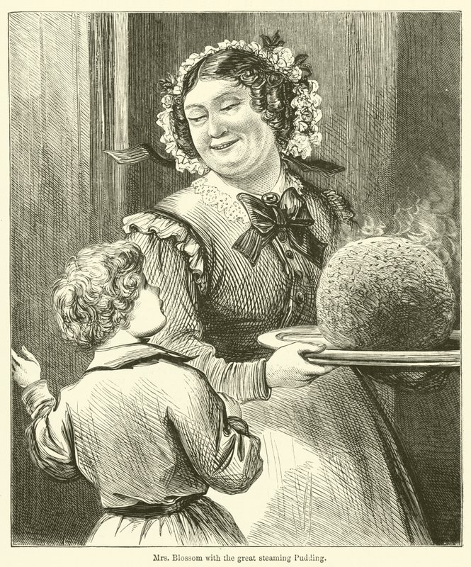 La signora Blossom con il grande budino fumante da English School