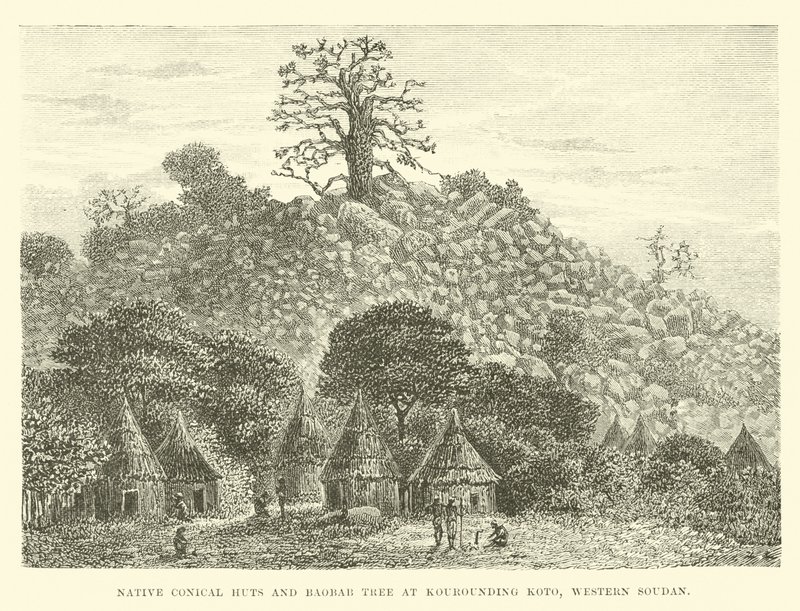 Capanni conici nativi e albero di Baobab a Kourounding Koto, Sudan Occidentale da English School
