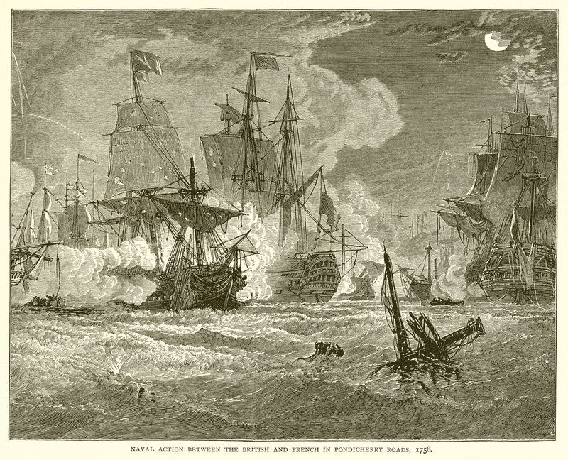 Azione navale tra britannici e francesi nelle strade di Pondicherry, 1758 da English School