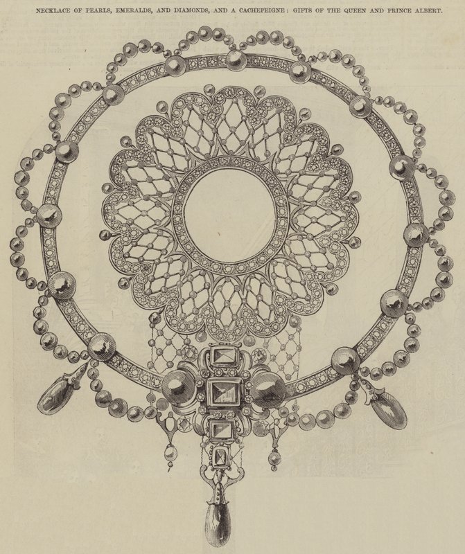 Collana di perle, smeraldi e diamanti, e un cachepeigne, doni della Regina e del Principe Alberto (incisione) da English School