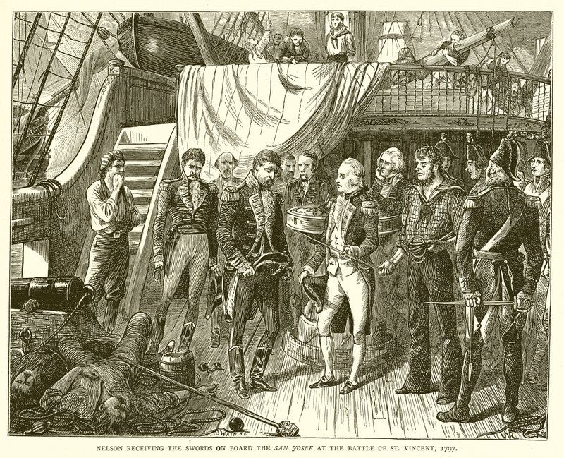 Nelson riceve le spade a bordo del San Josef nella battaglia di San Vincenzo, 1797 da English School