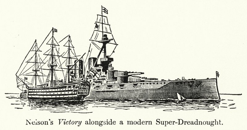La Vittoria di Nelson accanto a un moderno Super-Dreadnought da English School