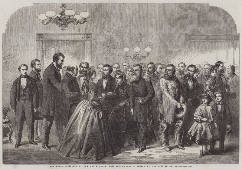 Ricevimento di Capodanno alla Casa Bianca, Washington (incisione) da English School