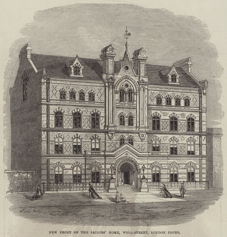 La nuova facciata della Casa dei Marinai, Well-Street, London Docks da English School