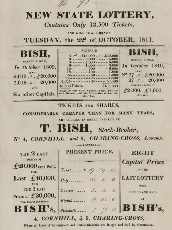 Nuova Lotteria di Stato, gestita da T. Bish, broker, 4 Cornhill e 9 Charing Cross, Londra da English School